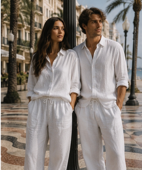 Pareja con camisa y pantalón de lino de la colección Aires del Mediterráneo