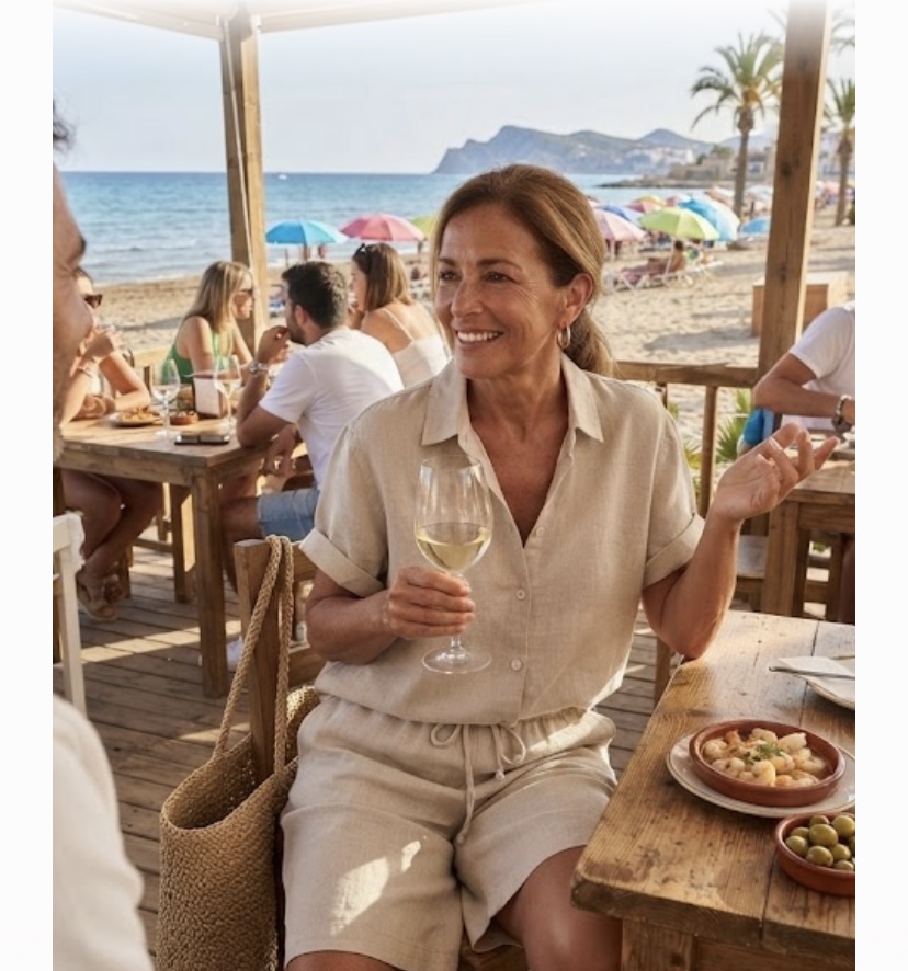 Mujer con conjunto de lino beige en chiringuito frente al mar — Aires del Mediterráneo