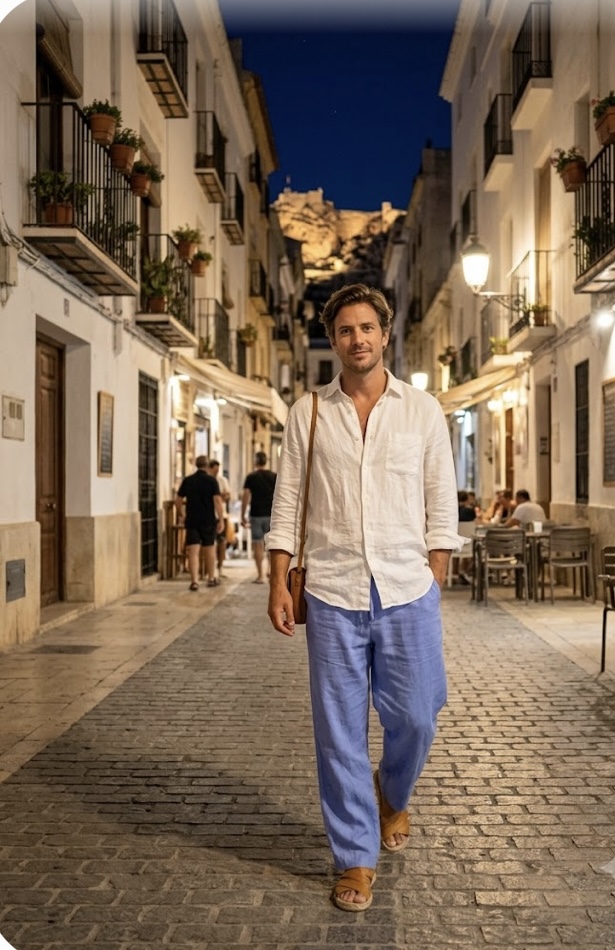 Hombre con camisa blanca y pantalón de lino azul por el casco antiguo de Alicante — Aires del Mediterráneo
