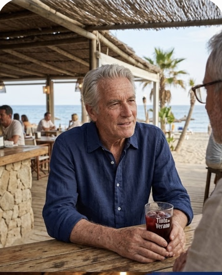 Señor con camisa de lino azul en chiringuito frente al mar — Aires del Mediterráneo