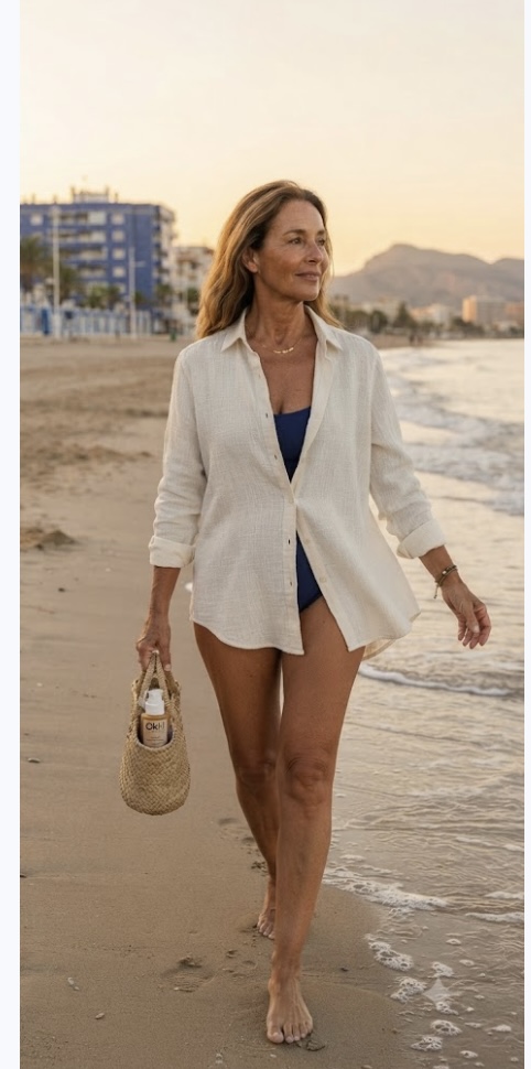 Mujer con camisa blanca de lino paseando por la playa al atardecer — Aires del Mediterráneo