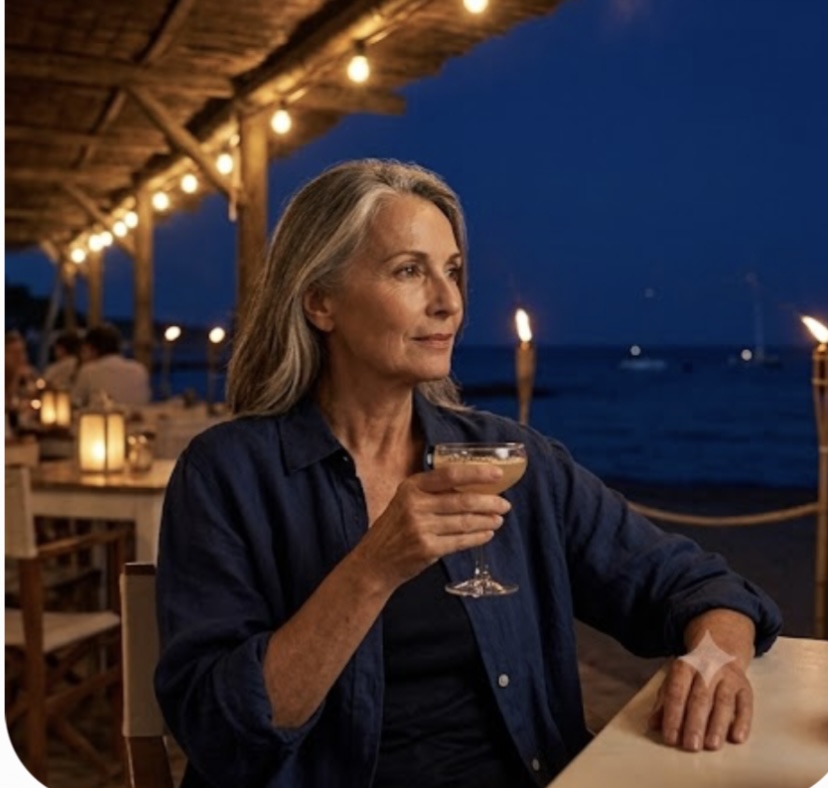 Señora con camisa de lino azul marino en chiringuito de noche — Aires del Mediterráneo