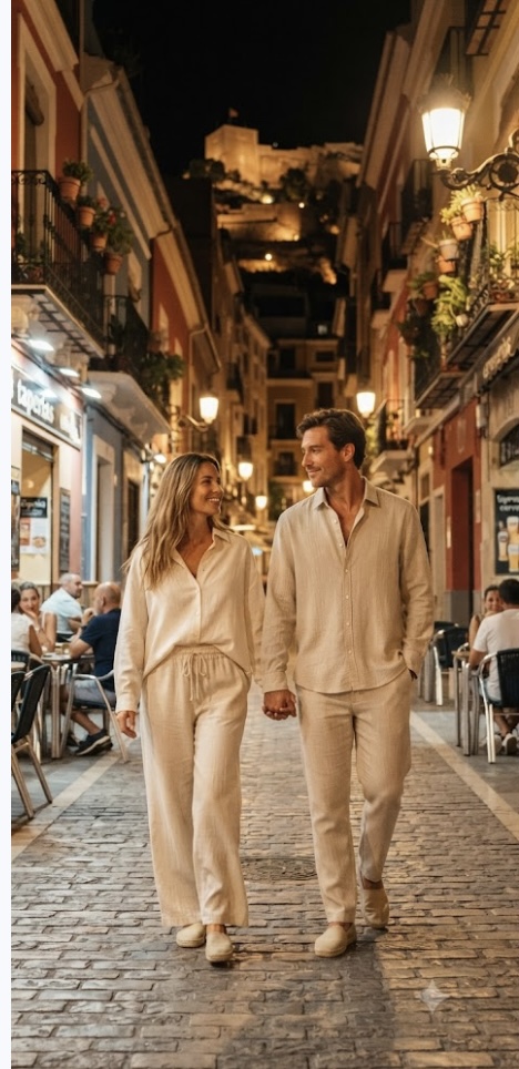 Pareja con lino paseando por el casco antiguo de Alicante de noche — Aires del Mediterráneo